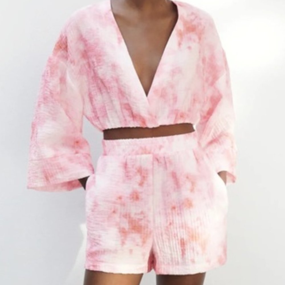 Zara Pink Tie Dye Two Piece Coord Set Top And Shorts